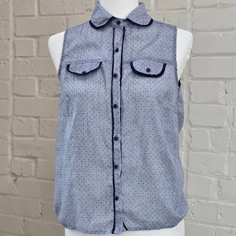 Chloe K Blue Polka Dot Button-up Shirt┃Sleeveless & Semi Sheer |  Cottagecore